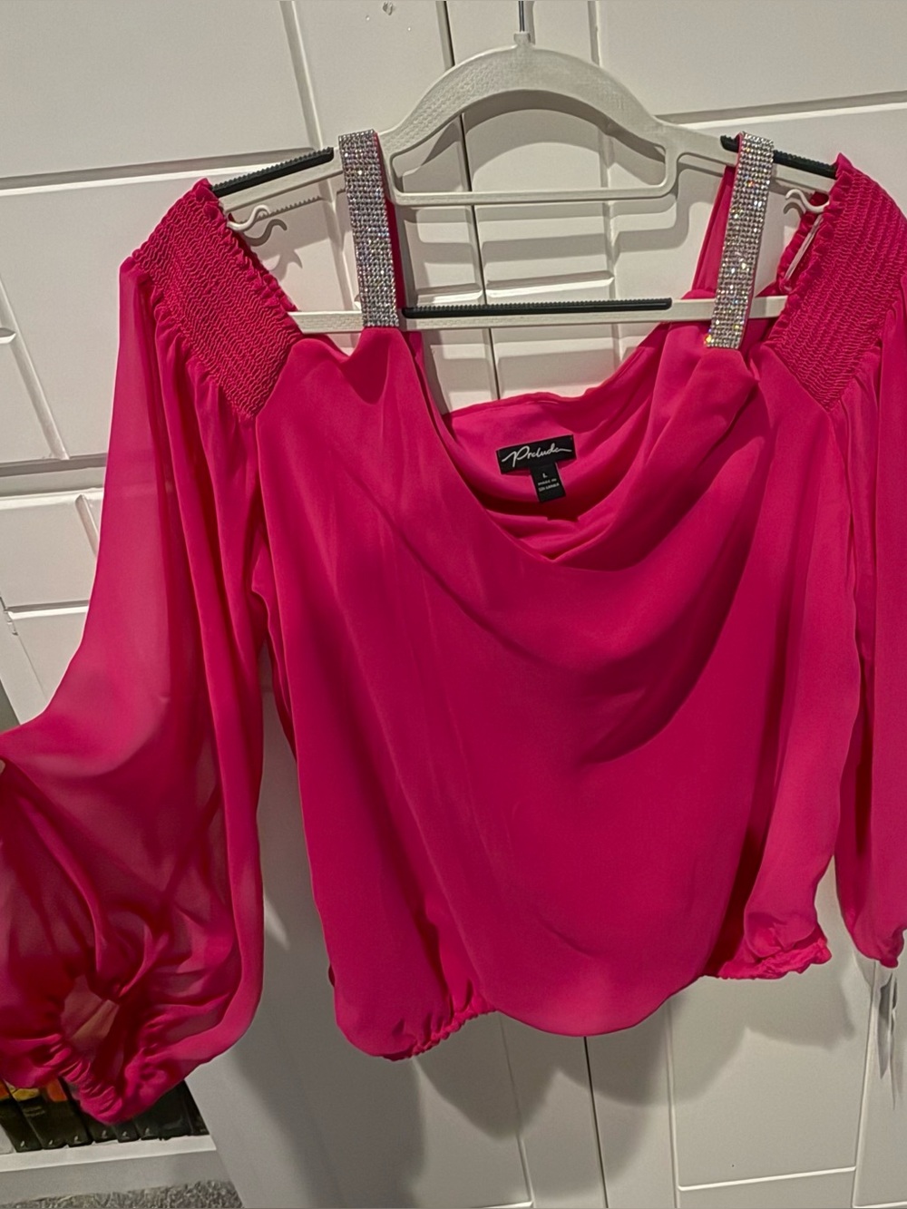 Prelude Pink Rhinestone-Strap Off-Shoulder Blouse - NWT Size L